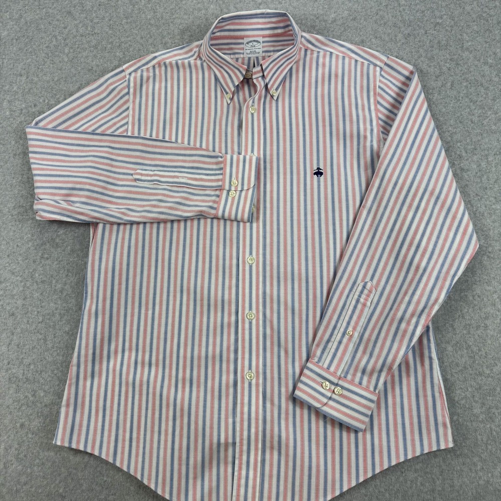 Brooks Brothers 346 Oxford Shirt Mens Large Red Blue Stripe Slim Fit Non Iron - Picture 2 of 8